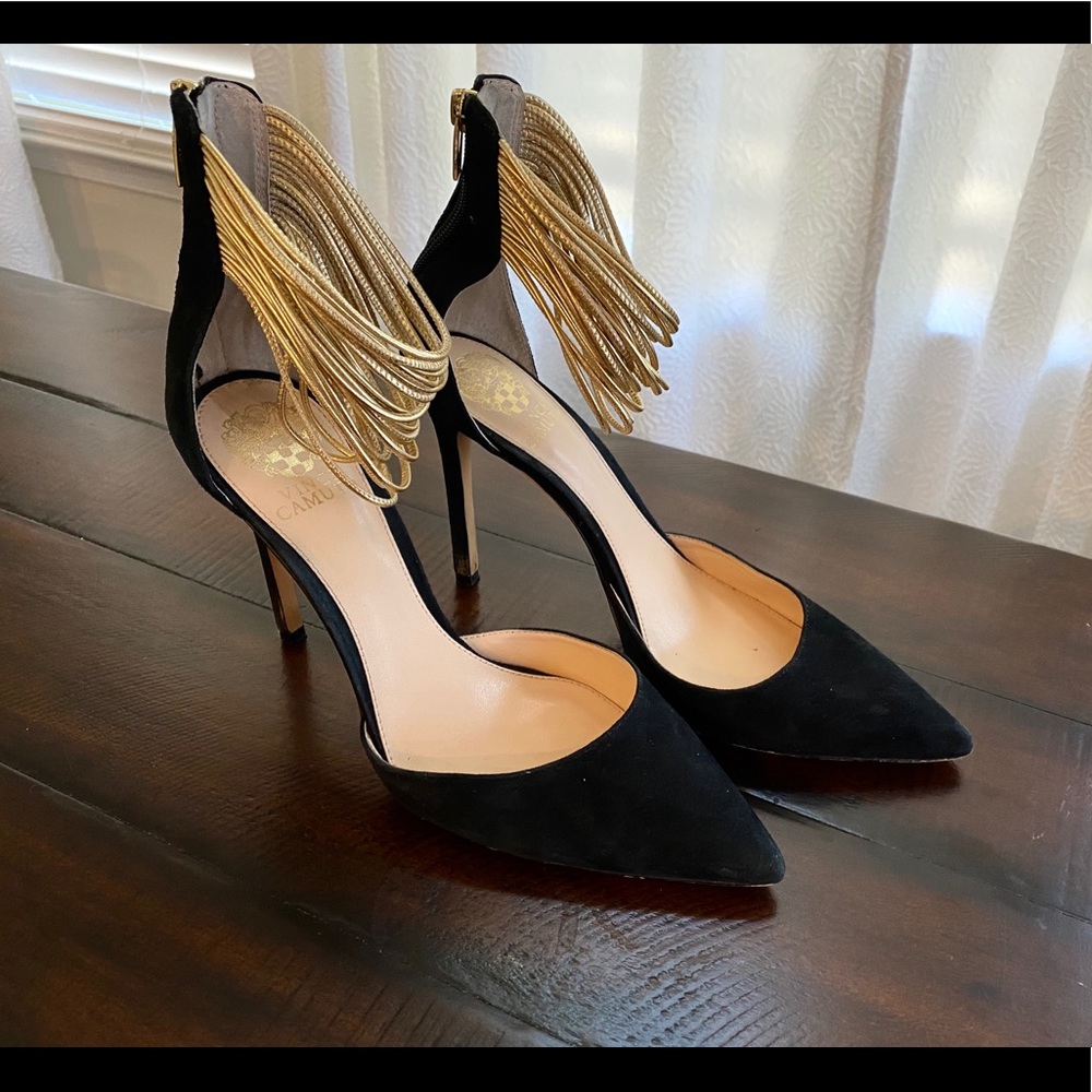 Vince Camuto Women’s Suede Heels w/ Gold Straps